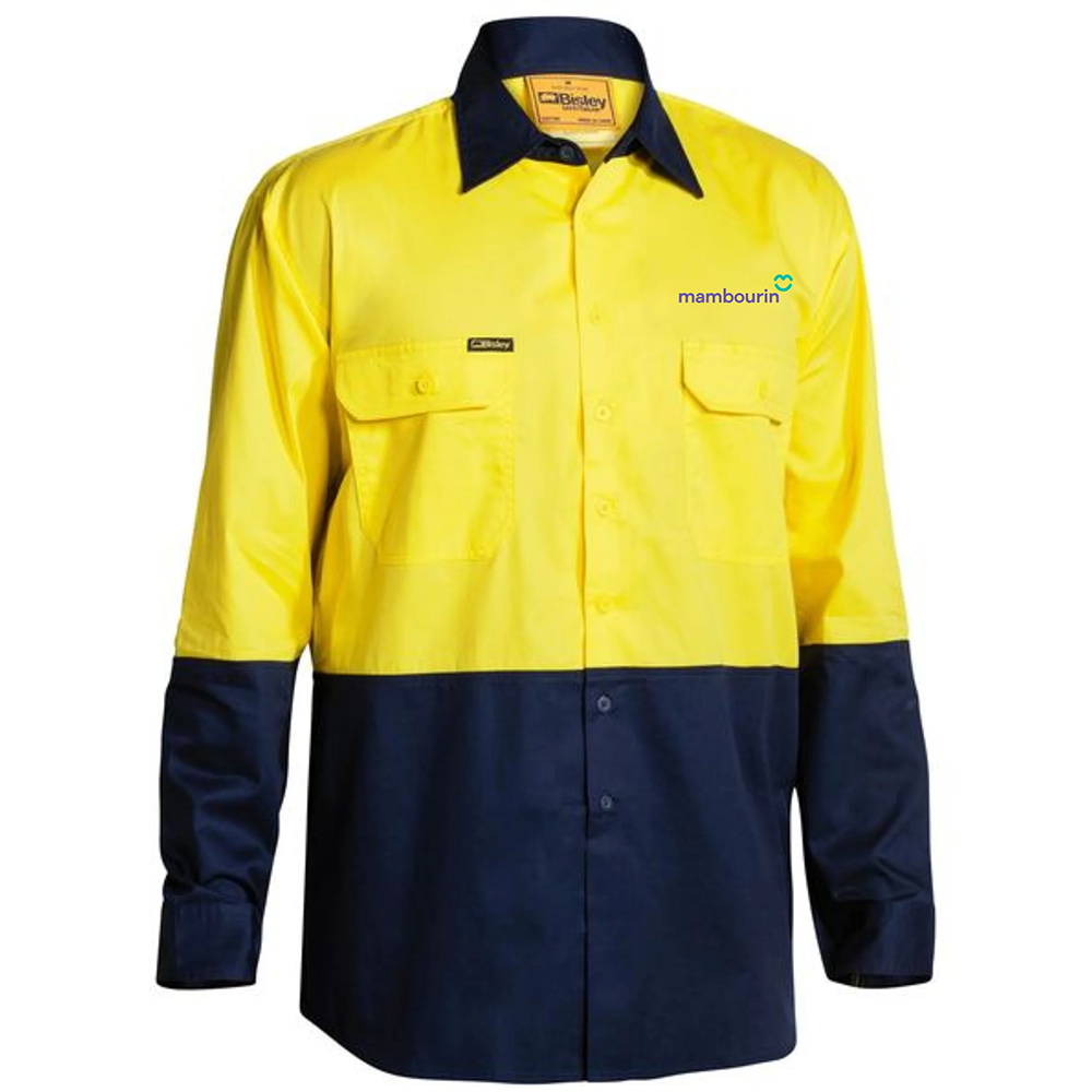 Hi Vis Yellow/Navy Shirt Cotton Drill, Long Sleeve